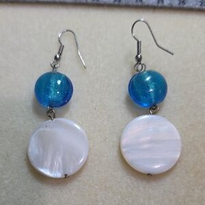 Elegant Blue Marano Glass and White Shell Earrings